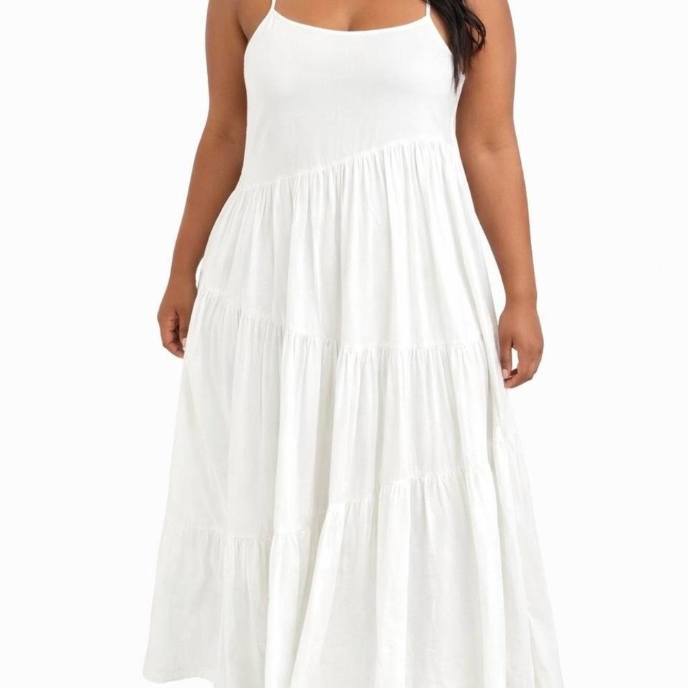 White tiered maxi dress with spaghetti straps